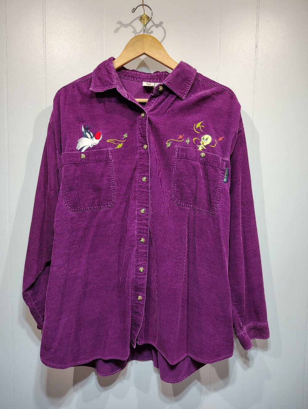 Vtg 90s Looney Tunes Corduroy Shirt XL Purple Tweety Sylvester Shacket Grandma